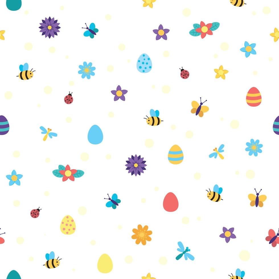 interminable modèle avec œufs, fleurs et insectes. printemps, Pâques modèle. vecteur