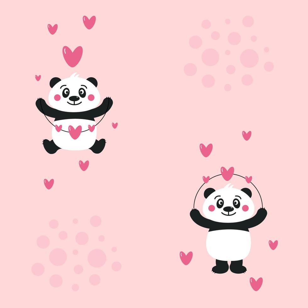 mignonne Panda ours avec guirlande de cœurs sans couture modèle sur rose Contexte dans vecteur Facile plat style.