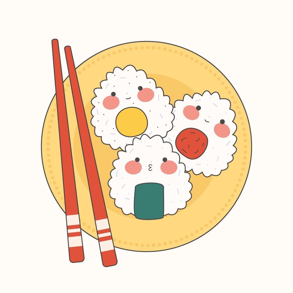 mignonne onigiri ensemble avec souriant visage et rose joues. kawaii onigiri. Japonais traditionnel cuisine plats. Stock vecteur illustration.