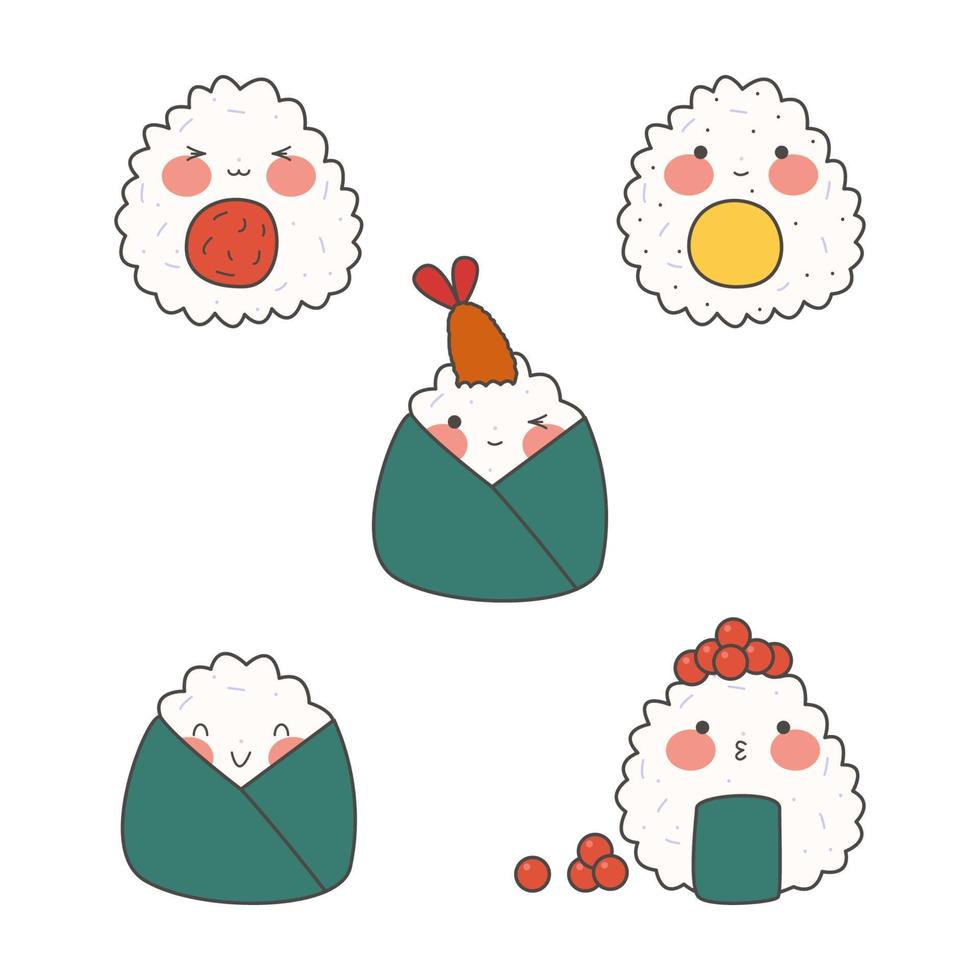 mignonne onigiri ensemble avec souriant visage et rose joues. kawaii onigiri. Japonais traditionnel cuisine plats. Stock vecteur illustration.