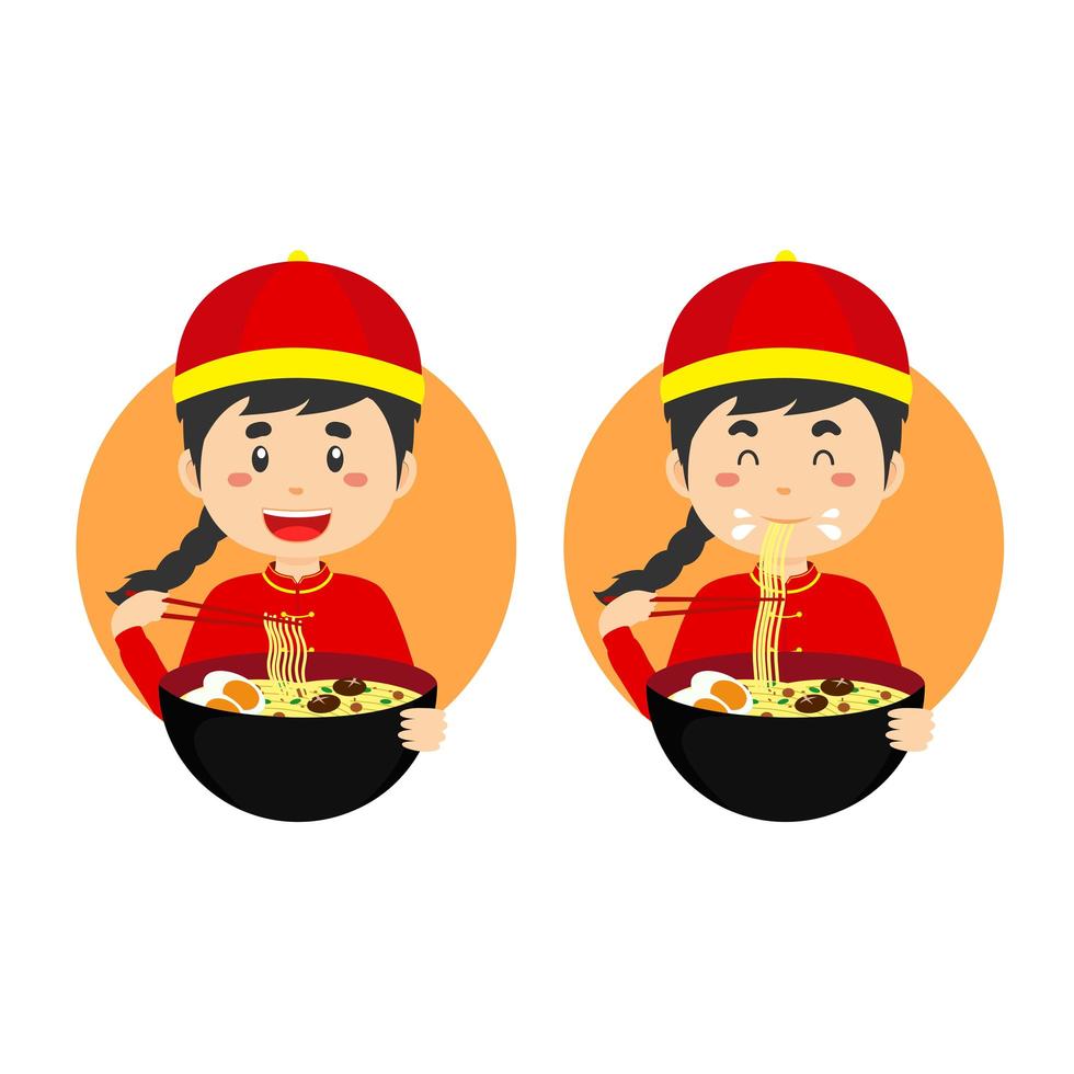 garçon mignon costume traditionnel chinois manger bol de nouilles ramen vecteur
