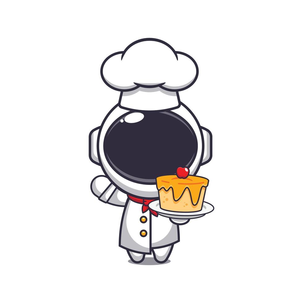 mignonne chef astronaute mascotte dessin animé personnage avec gâteau. vecteur
