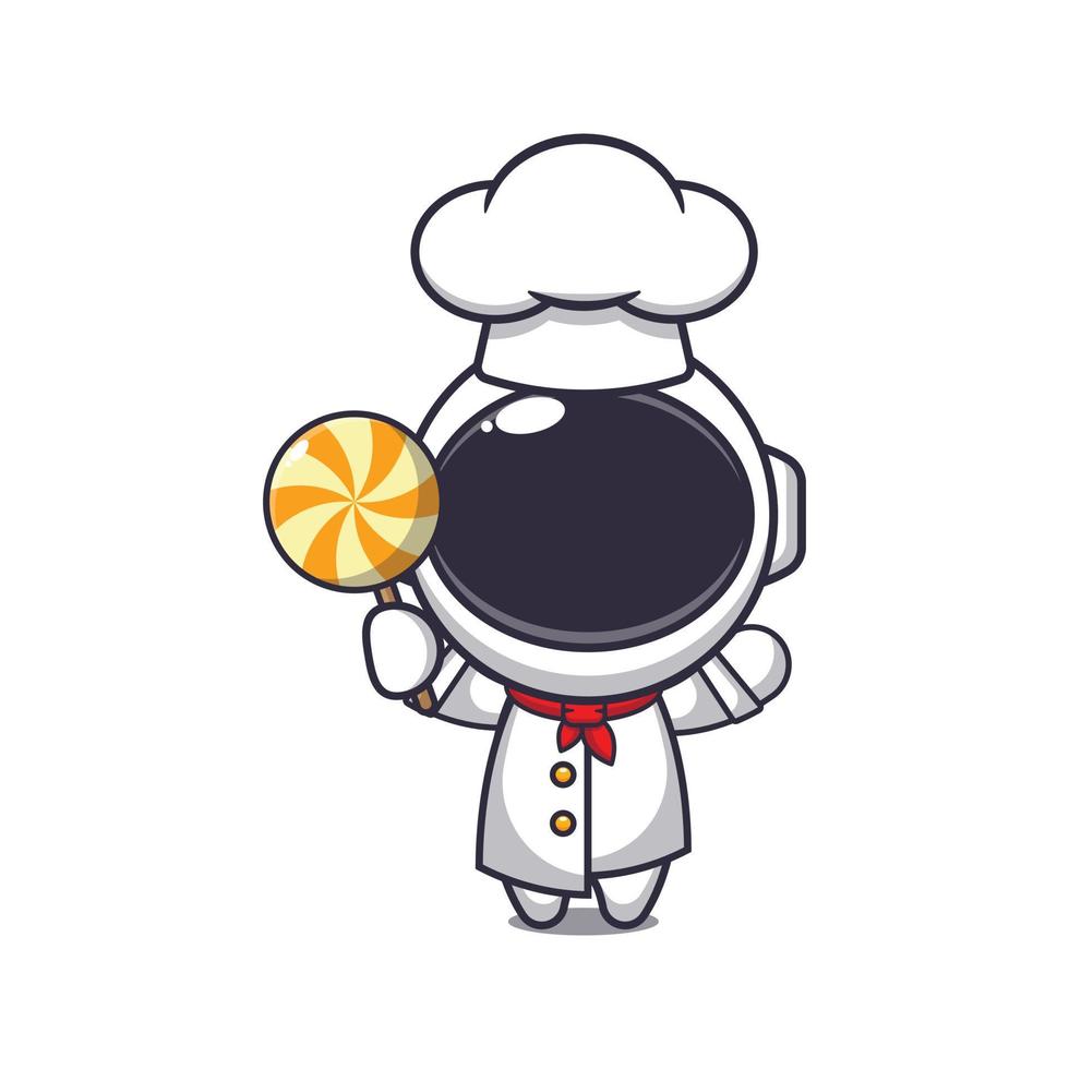 mignonne chef astronaute mascotte dessin animé personnage en portant bonbons. vecteur