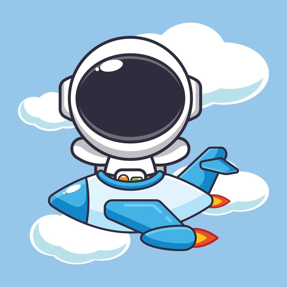 mignonne astronaute mascotte dessin animé personnage balade sur avion jet. vecteur