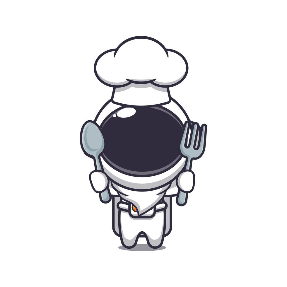 mignonne chef astronaute mascotte dessin animé personnage en portant cuillère et fourchette. vecteur