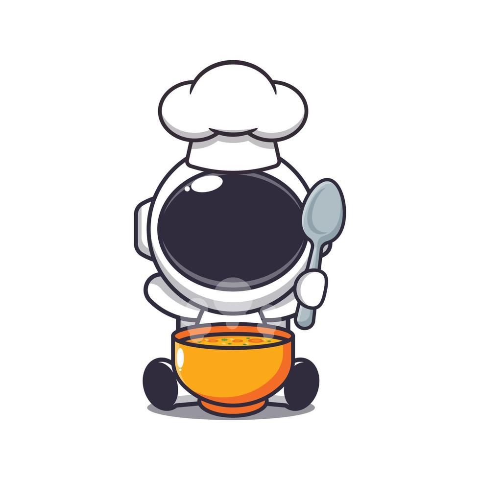 mignonne chef astronaute mascotte dessin animé personnage avec soupe. vecteur