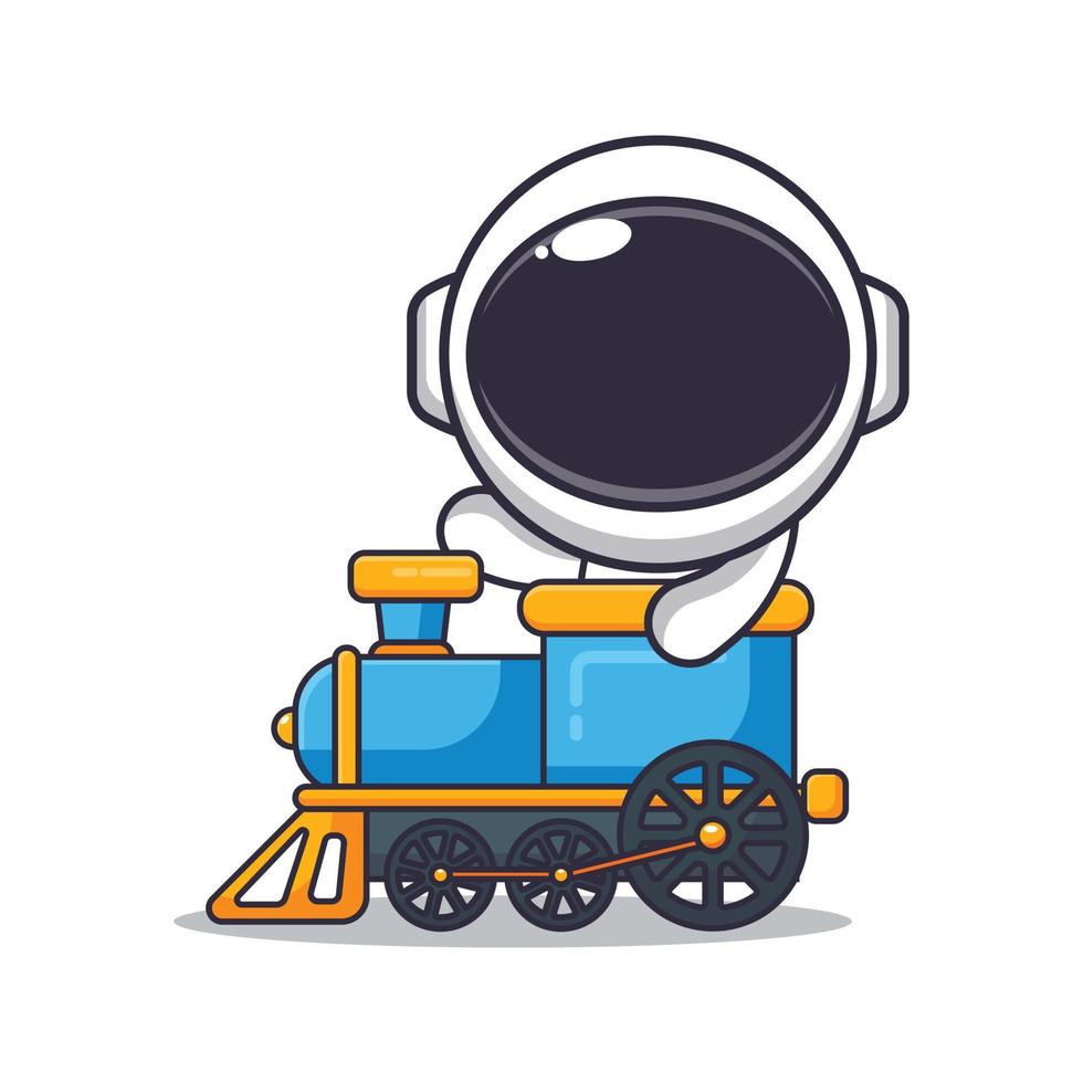 mignonne astronaute mascotte dessin animé personnage balade sur train. vecteur