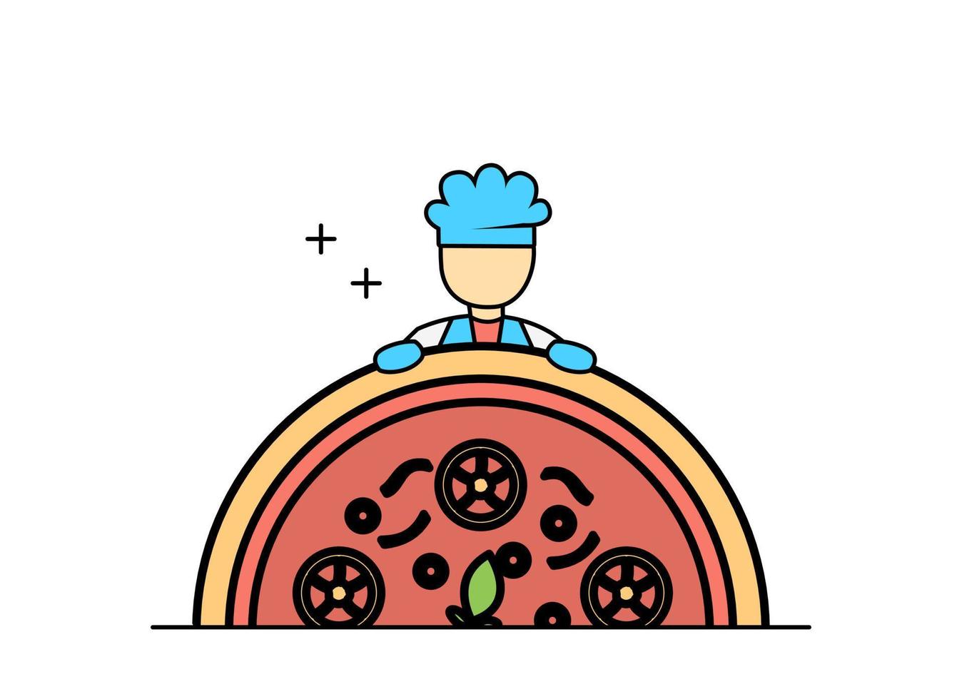 illustration du chef de contour de conception plate travaillant avec des pizzas et des hamburgers vecteur