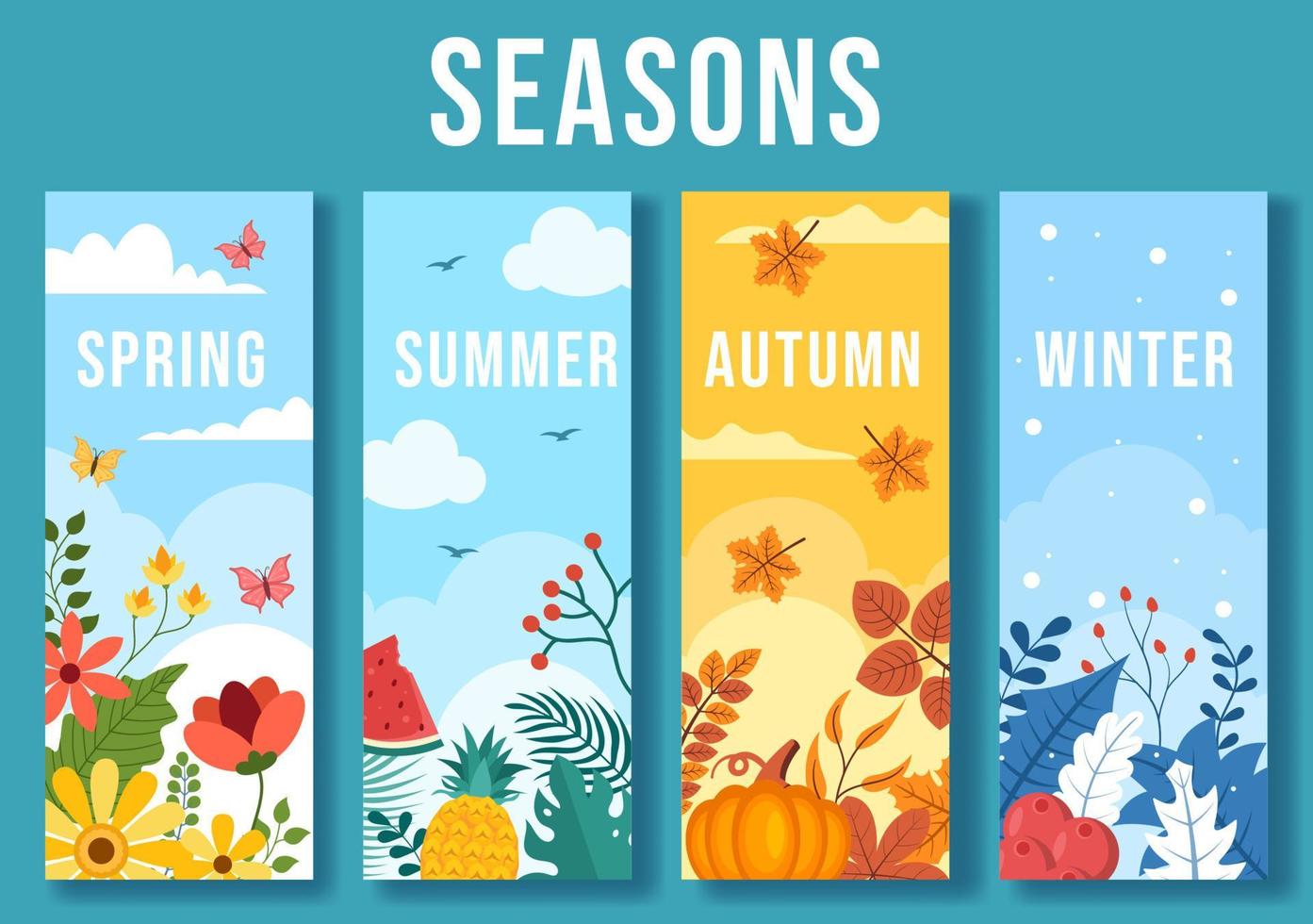 paysage des quatre saisons de la nature avec paysage printemps, été, automne et hiver dans le modèle illustration de style plat dessin animé dessiné à la main vecteur