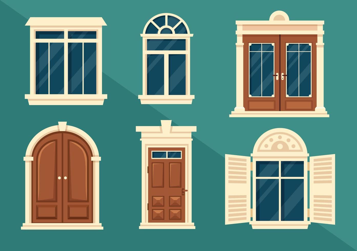 architecture de maison avec ensemble de portes et fenêtres de différentes formes, couleurs et tailles dans le modèle illustration de fond plat dessin animé dessiné à la main vecteur