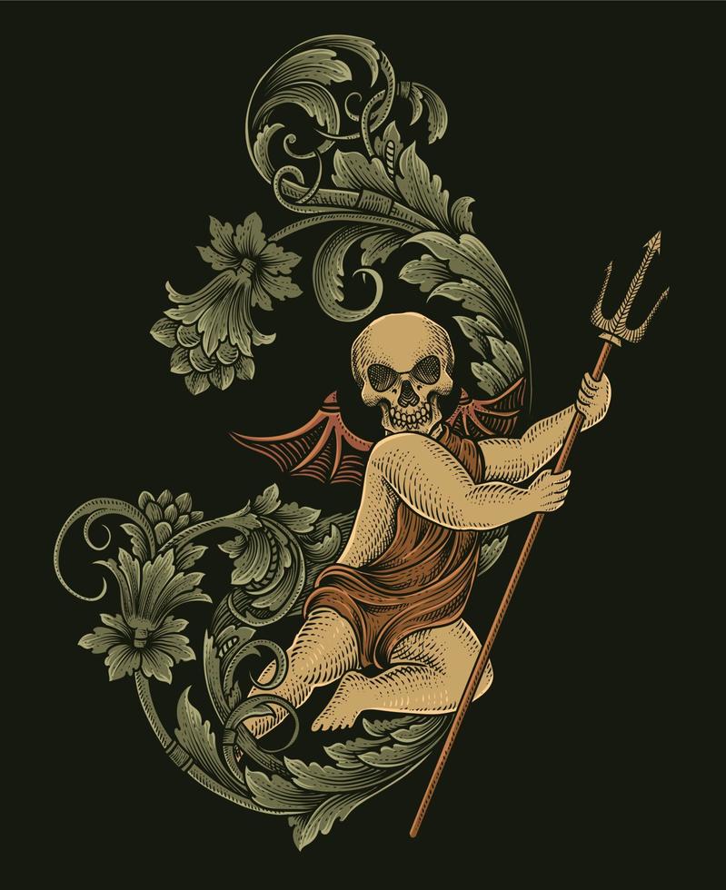illustration bébé démon avec gravure ornement style antique vecteur