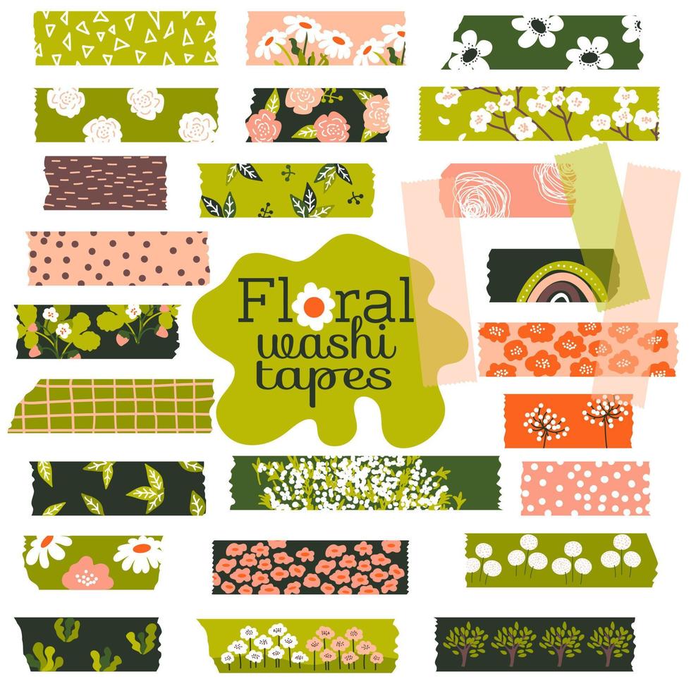 floral washi bandes avec feuilles, fleurs, herbes et points. vecteur ensemble. masquage ruban ou adhésif bandes pour cadres, scrapbooking, les frontières, la toile graphique, artisanat, autocollants.