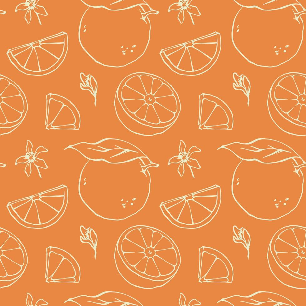 main tiré contour des oranges sans couture modèle avec fleurs, feuilles et Orange tranches. vecteur graphique été fruit Contexte conception pour menu, emballer, cuisine textile, emballage papier.