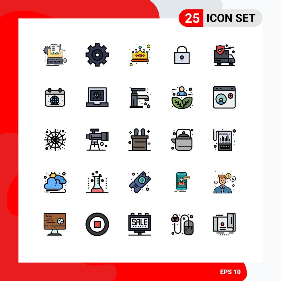 mobile interface rempli ligne plat Couleur ensemble de 25 pictogrammes de Sécurité Assurance couronne fermé à clé Twitter modifiable vecteur conception éléments
