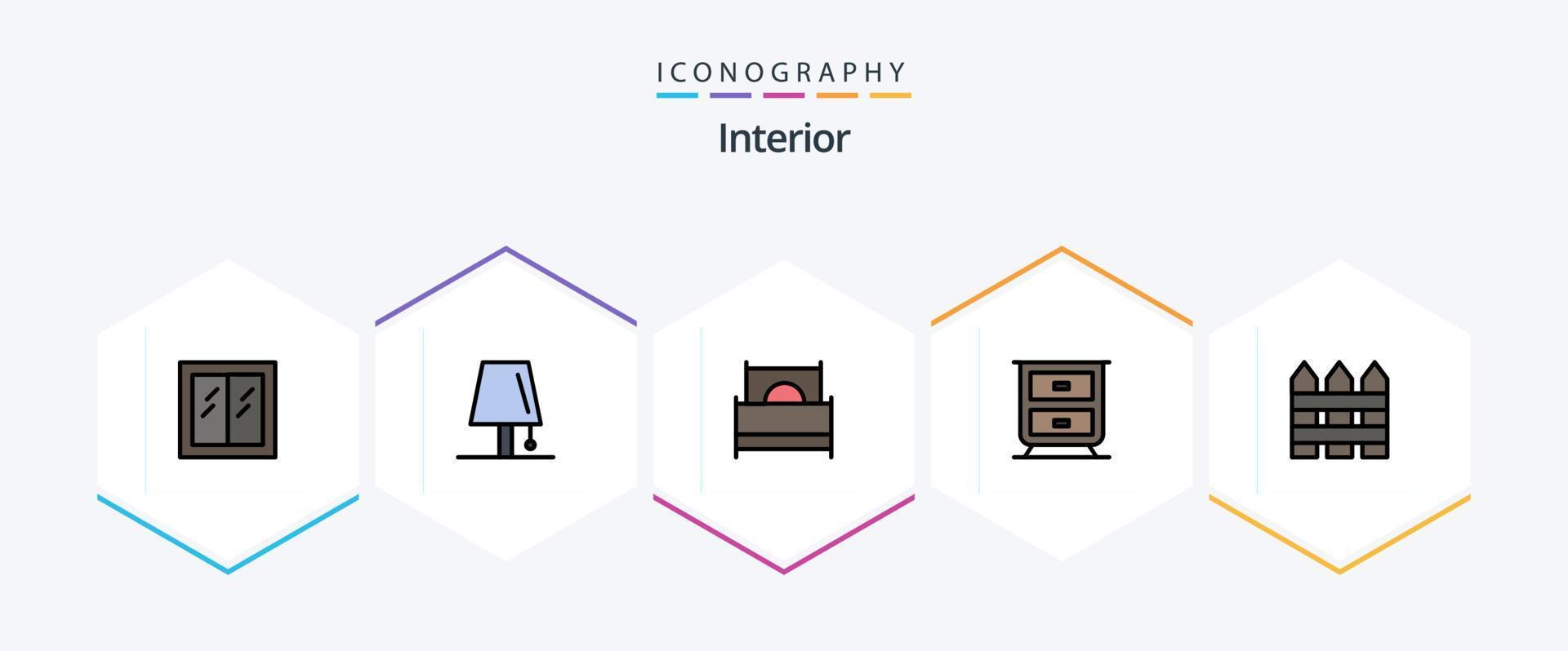 intérieur 25 ligne remplie icône pack comprenant clôture. intérieur. foudre. tiroir. meubles vecteur