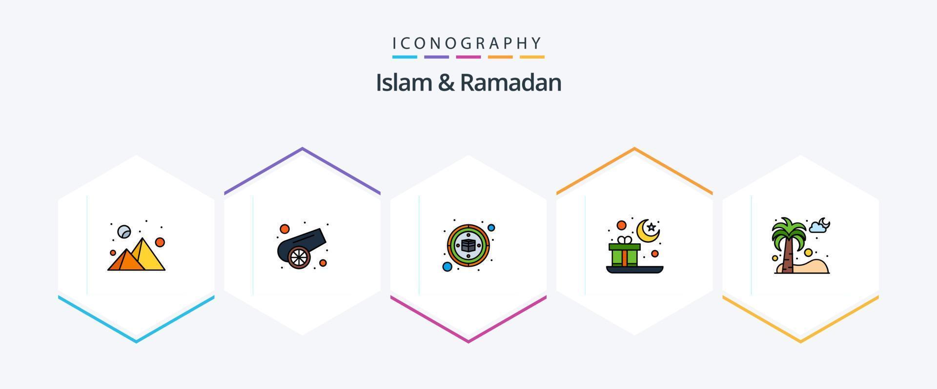 Islam et Ramadan 25 ligne remplie icône pack comprenant pin arbre. sapin arbre. kaaba. Rendez-vous. mubarak vecteur