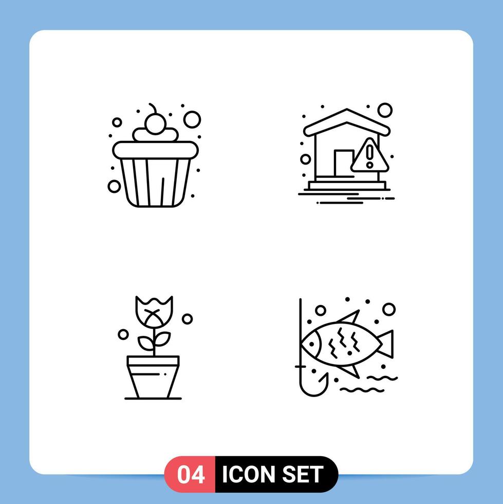 4 universel ligne remplie plat couleurs ensemble pour la toile et mobile applications gâteau plante Accueil avertissement poisson modifiable vecteur conception éléments