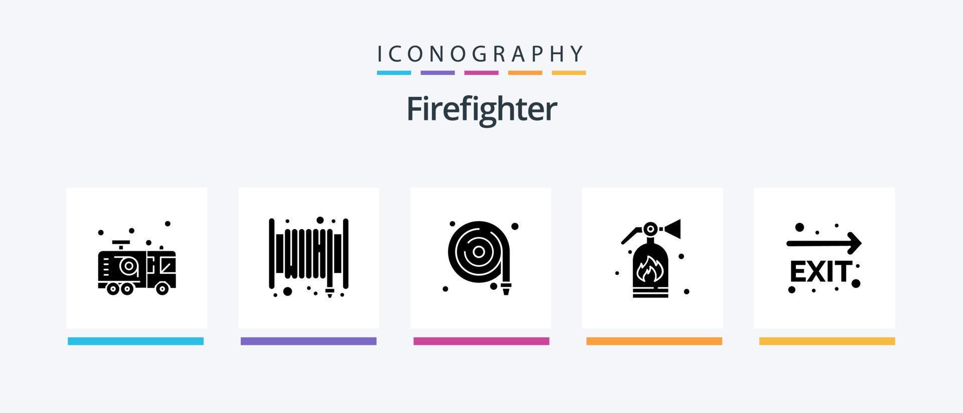 sapeur pompier glyphe 5 icône pack comprenant Feu sortie. sécurité. tuyau. Feu. l'eau tuyau. Créatif Icônes conception vecteur
