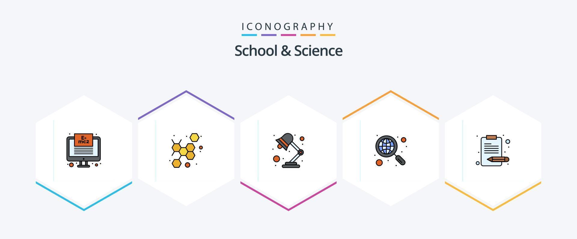 école et science 25 ligne remplie icône pack comprenant contenu. recherche. lampe. global recherche. découvrir vecteur