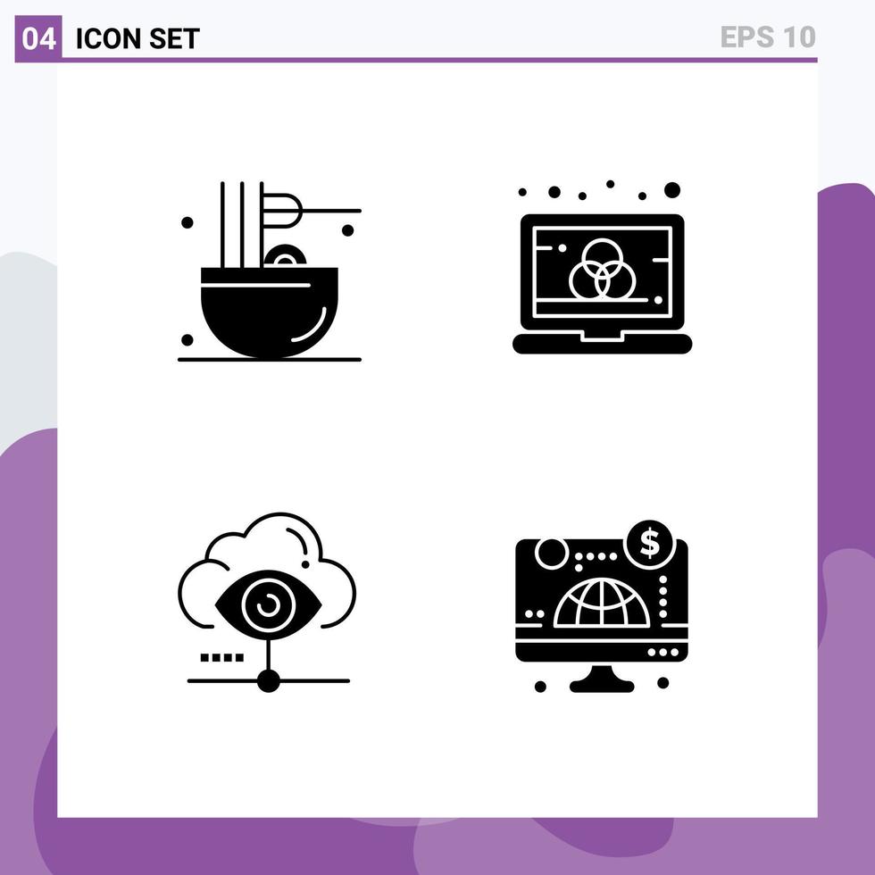 4 solide glyphe concept pour sites Internet mobile et applications cuisine œil repas ordinateur vue modifiable vecteur conception éléments