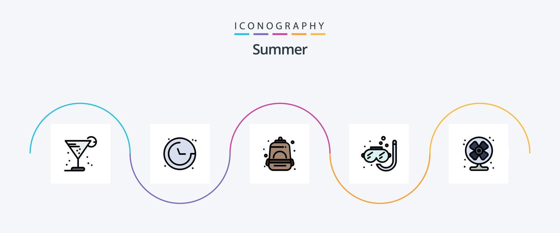 été ligne rempli plat 5 icône pack comprenant air. plongée en apnée. la navigation. scaphandre autonome. école vecteur