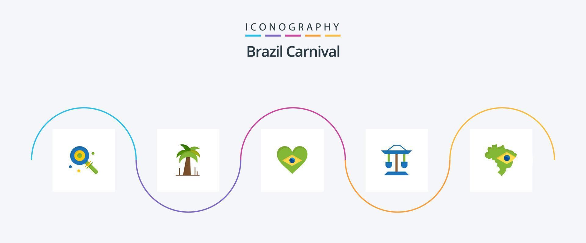 Brésil carnaval plat 5 icône pack comprenant drapeau. cœur. palmier. fête. brésilien vecteur