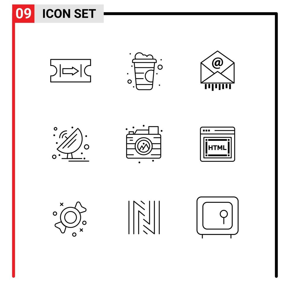 Stock vecteur icône pack de 9 ligne panneaux et symboles pour caméra Créatif courrier science Satellite modifiable vecteur conception éléments