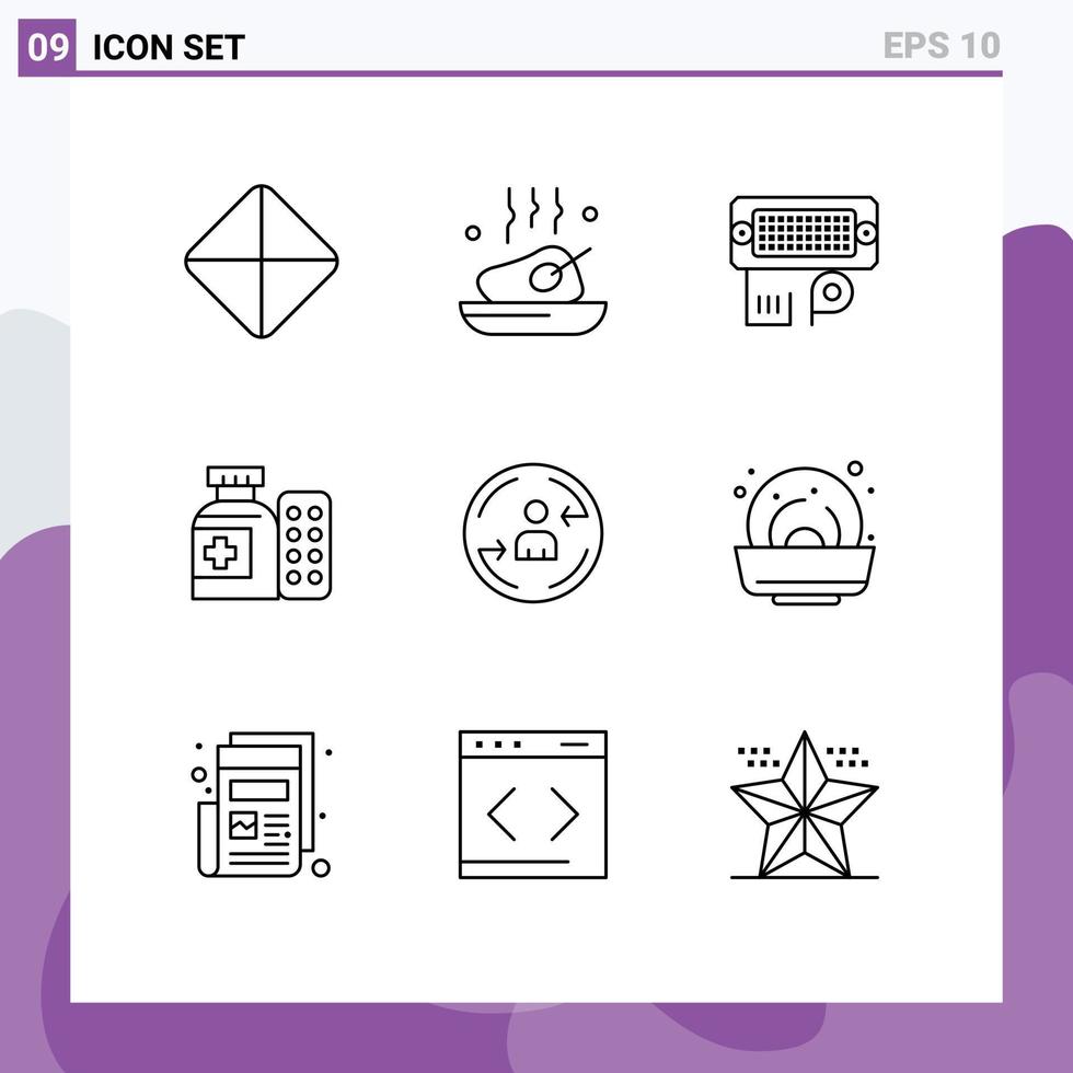 mobile interface contour ensemble de 9 pictogrammes de visiter hôpital adaptateur pilules médical modifiable vecteur conception éléments