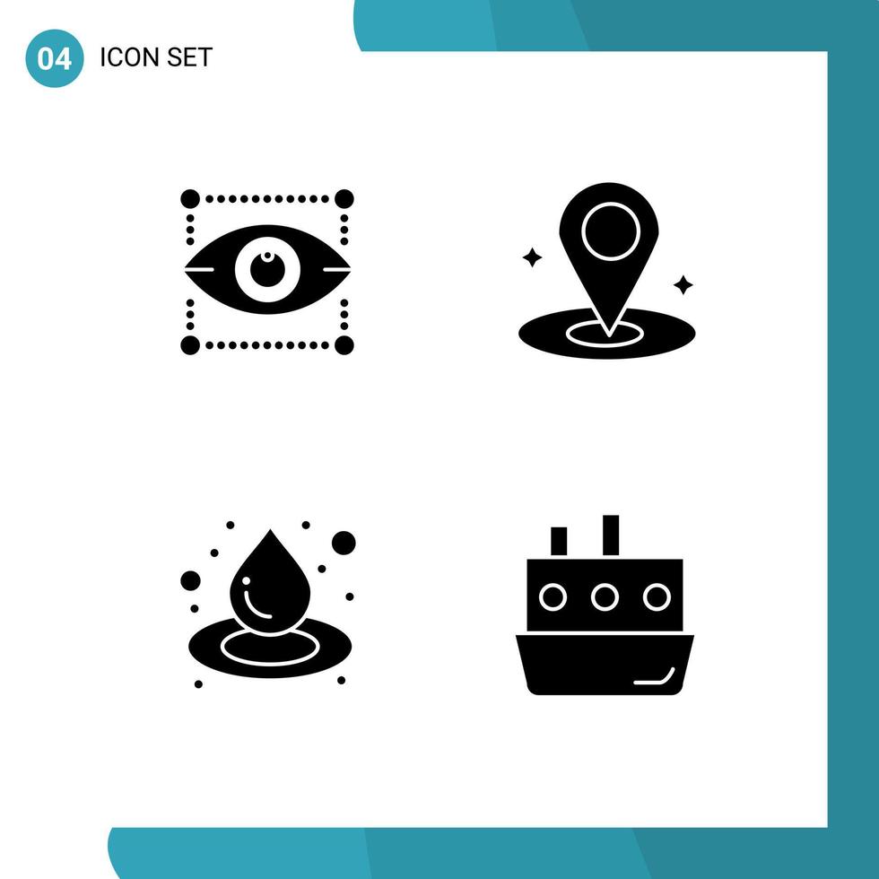 4 utilisateur interface solide glyphe pack de moderne panneaux et symboles de la créativité l'eau œil endroit voiture modifiable vecteur conception éléments