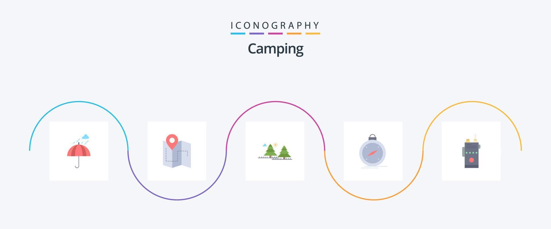 camping plat 5 icône pack comprenant la navigation. boussole. piste. pins. jungle vecteur