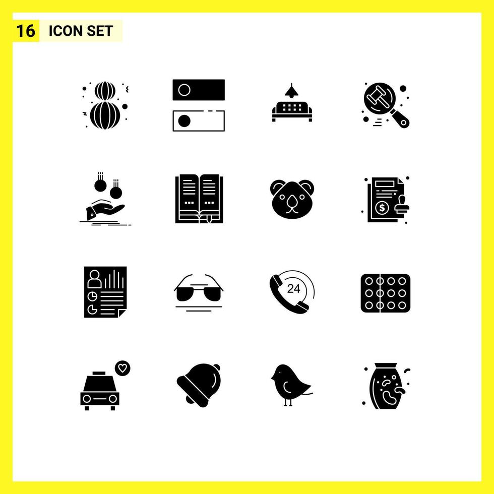 mobile interface solide glyphe ensemble de 16 pictogrammes de main juge canapé marteau chercher modifiable vecteur conception éléments