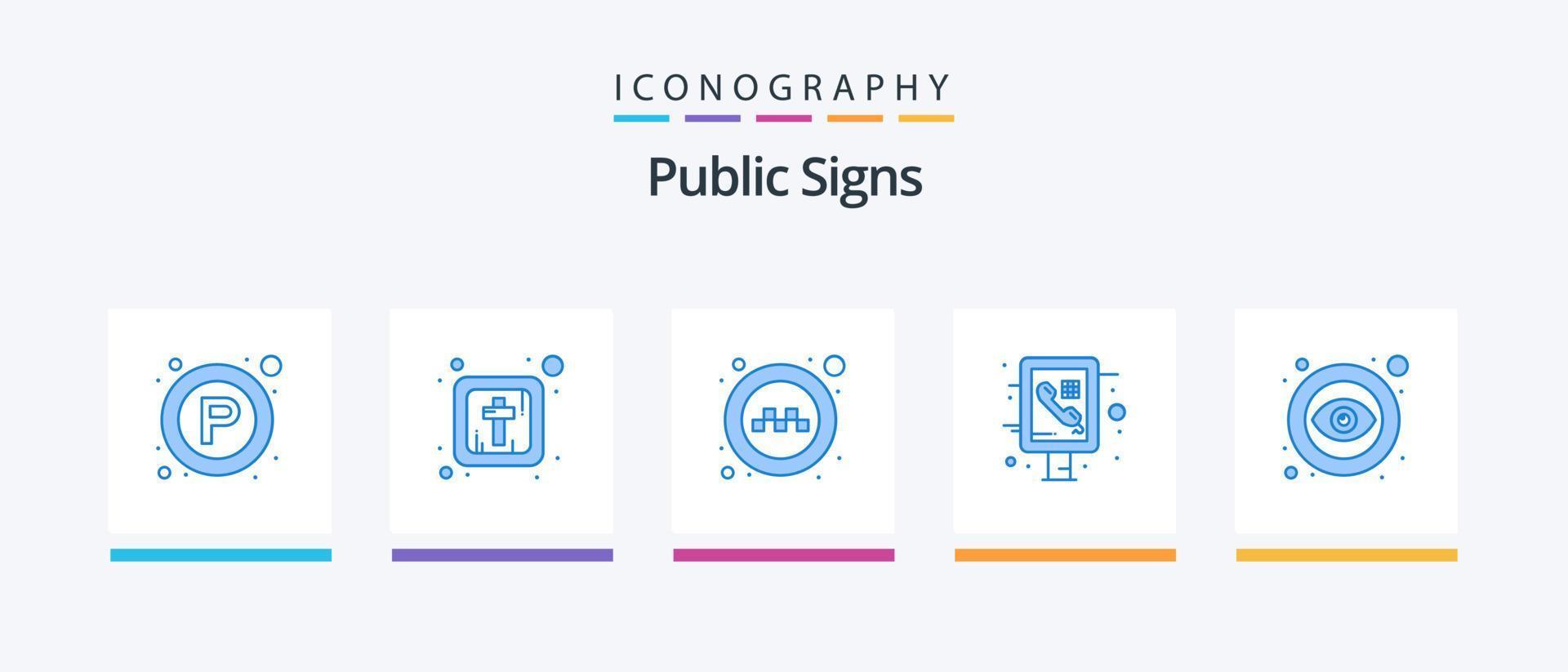 Publique panneaux bleu 5 icône pack comprenant public. œil. service. public. information. Créatif Icônes conception vecteur