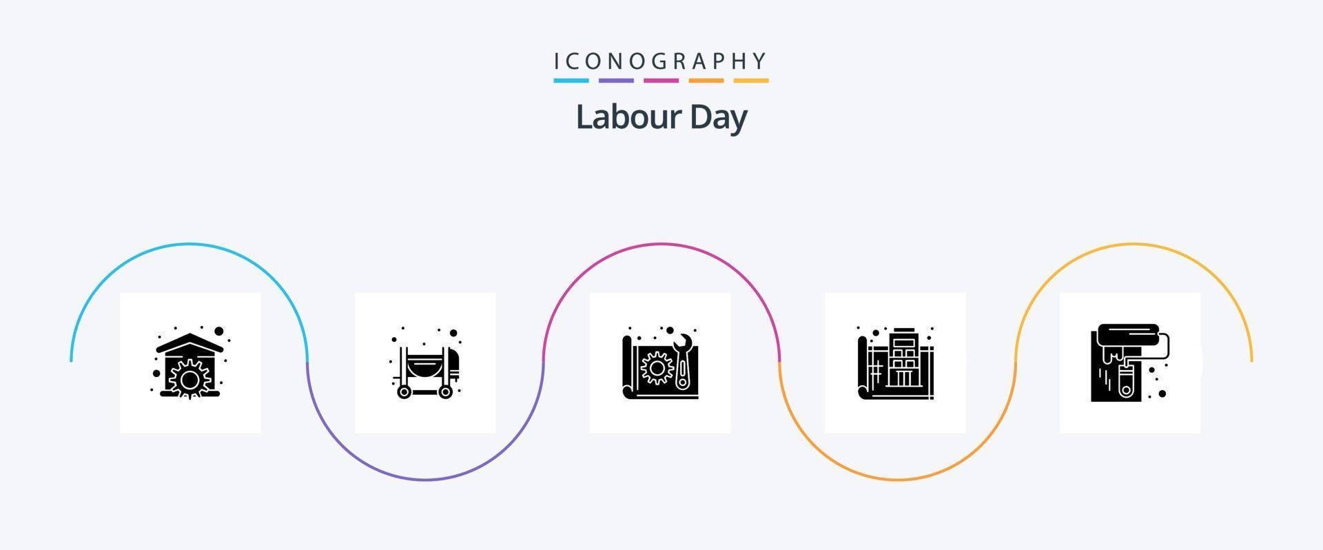la main d'oeuvre journée glyphe 5 icône pack comprenant imprimer. sol. architecture. conception. plan vecteur