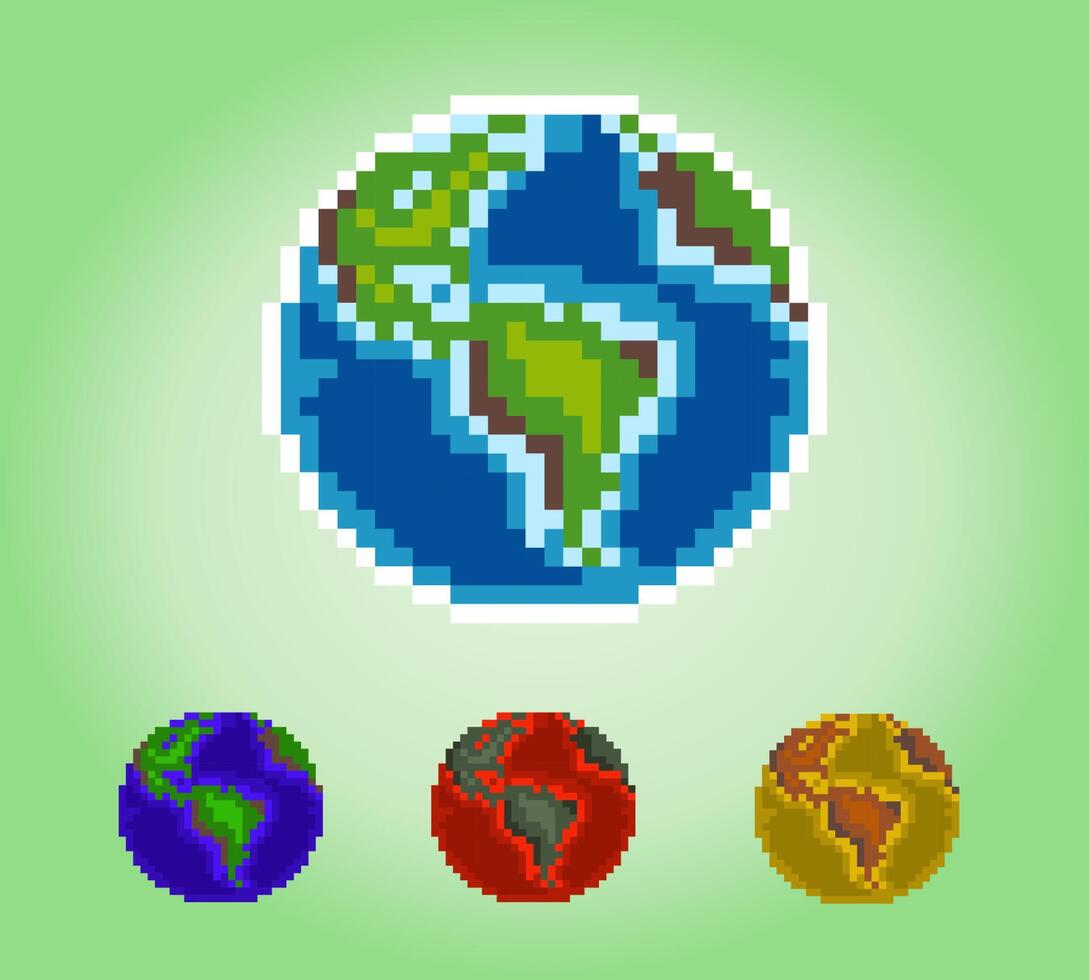 Pixel terrestre miniature 8 bits. le monde en illustrations vectorielles. globe en pixel art. vecteur