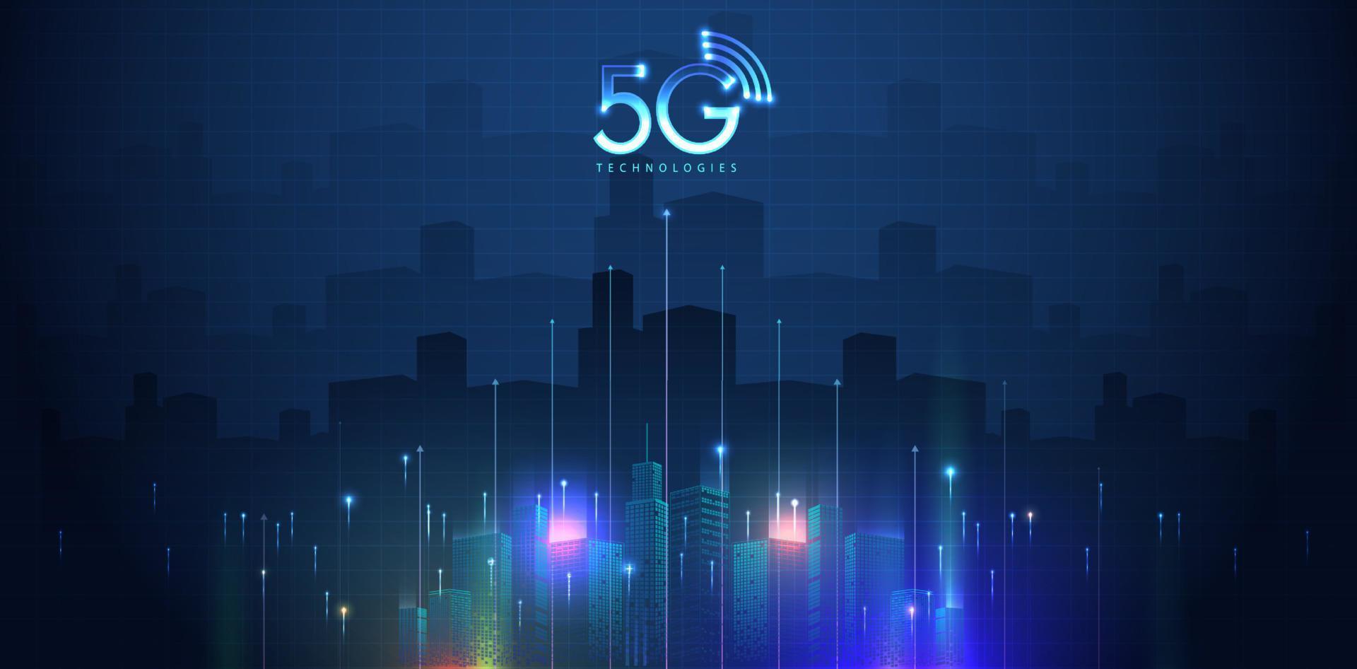 Technologie 5g avec ligne de connexion réseau informatique et mobine entre les bâtiments. connectivité et systèmes de réseaux mondiaux et concept internet des objets. conception de vecteur. vecteur