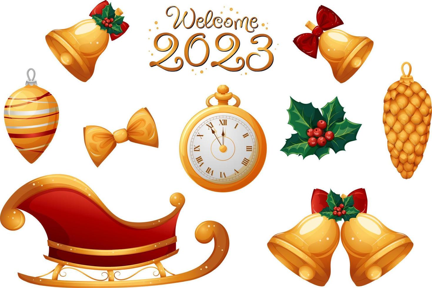 ensemble de Noël dessin animé articles dans or. traîneau, Noël arbre jouets, horloge, Bienvenue 2023 une inscription vecteur