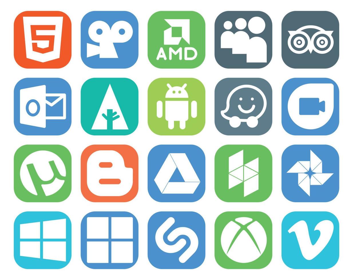 20 social médias icône pack comprenant Microsoft photo Android houzz blogueur vecteur