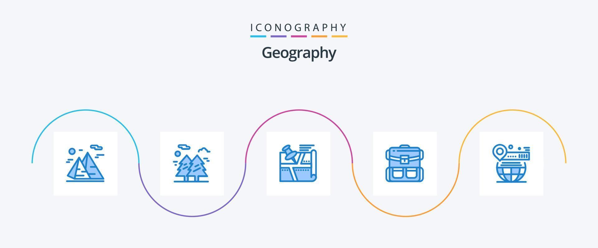 géo graphie bleu 5 icône pack comprenant sac. Voyage. randonnée. carte. position vecteur