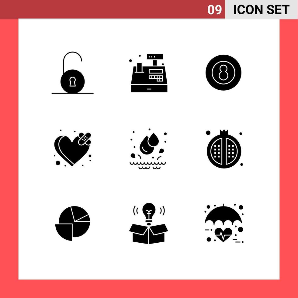 Stock vecteur icône pack de 9 ligne panneaux et symboles pour l'eau cœur Balle cassé bandage modifiable vecteur conception éléments