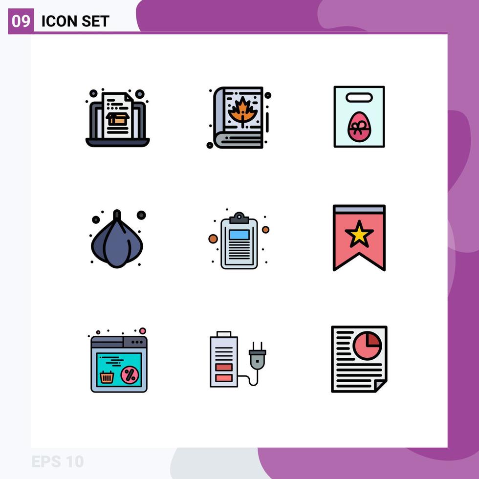9 universel ligne remplie plat couleurs ensemble pour la toile et mobile applications liste document Oeuf vérifier oignon modifiable vecteur conception éléments