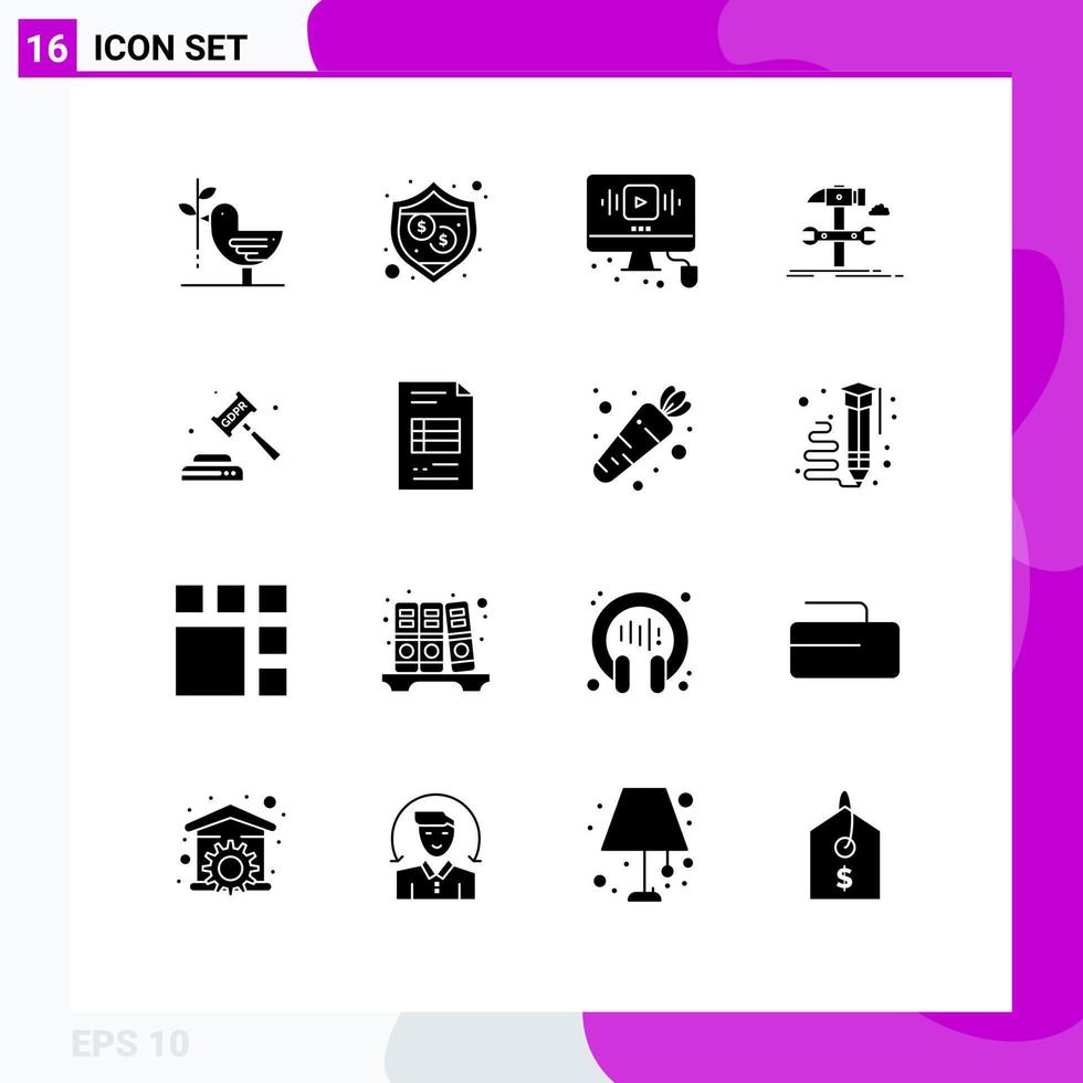Stock vecteur icône pack de 16 ligne panneaux et symboles pour un service marteau vidéo ingénierie l'Internet modifiable vecteur conception éléments