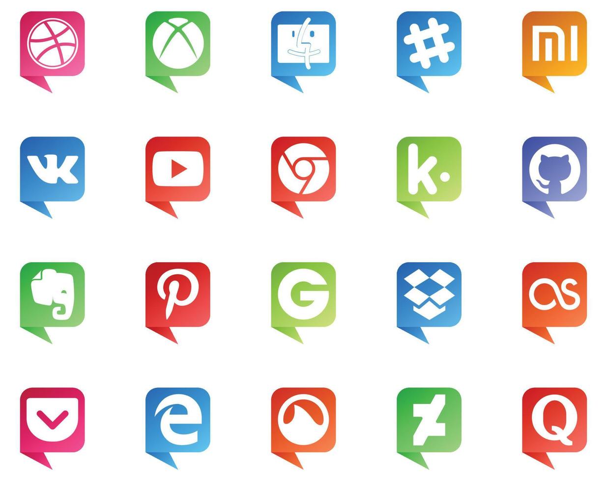 20 social médias discours bulle style logo comme poche dropbox vidéo groupon à jamais vecteur