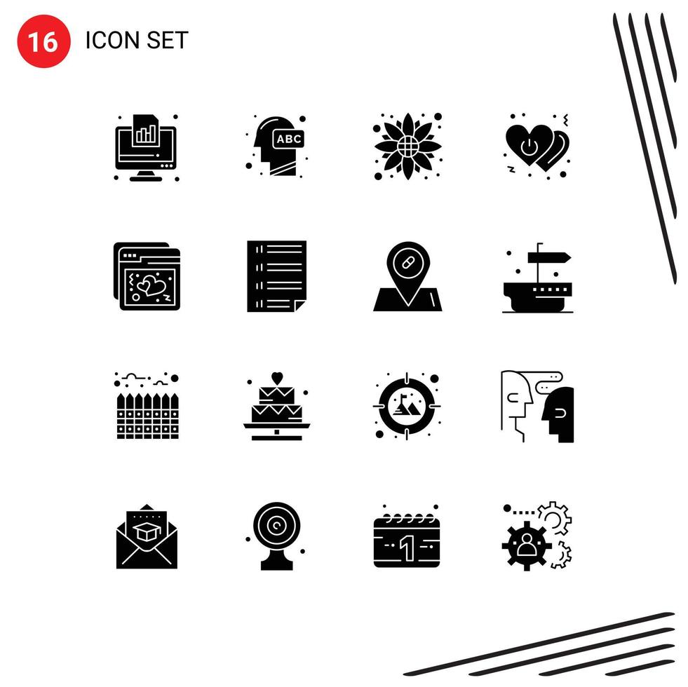 pictogramme ensemble de 16 Facile solide glyphes de Puissance l'amour connaissance cœur tournesol modifiable vecteur conception éléments