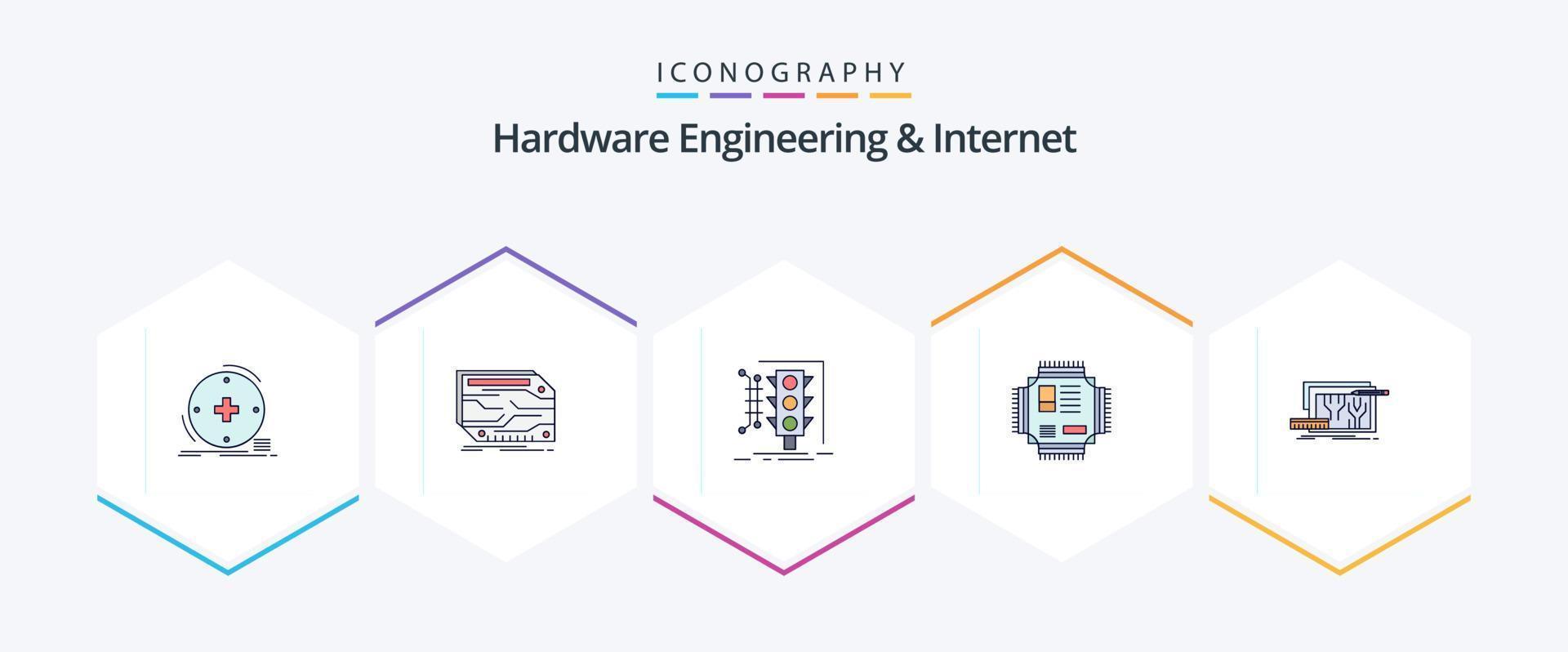 Matériel ingénierie et l'Internet 25 ligne remplie icône pack comprenant puce électronique. ébrécher. électronique. circulation. surveillance vecteur