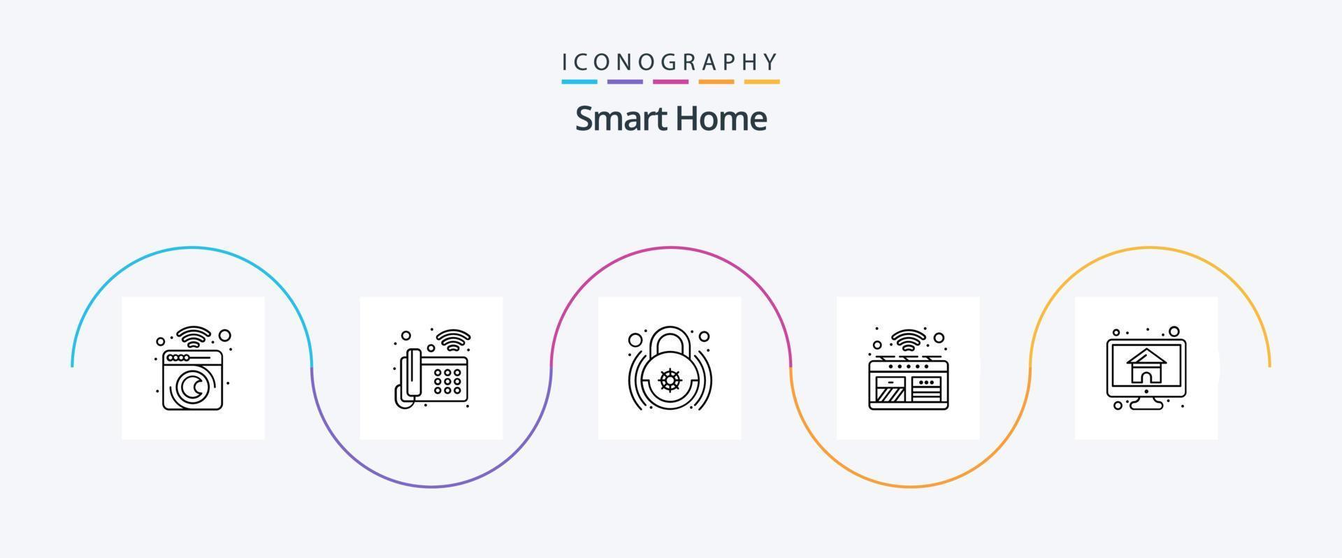 intelligent Accueil ligne 5 icône pack comprenant poêle. intelligent. Wifi. four. intelligent fermer à clé vecteur