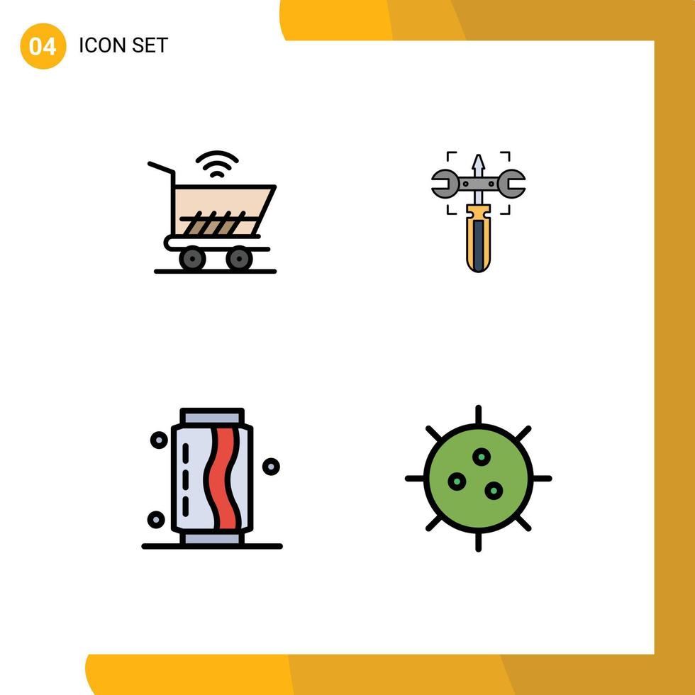 moderne ensemble de 4 ligne remplie plat couleurs et symboles tel comme chariot boisson achats clé nourriture modifiable vecteur conception éléments