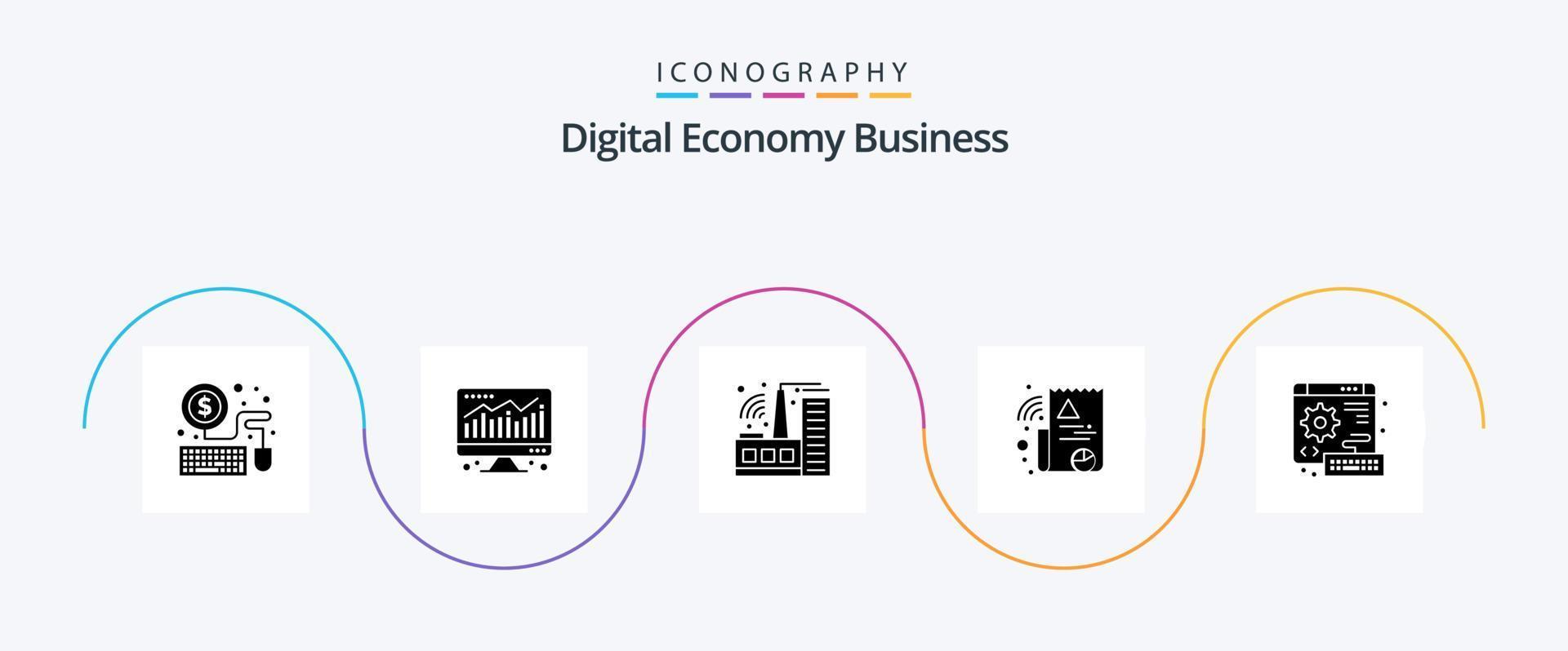 numérique économie affaires glyphe 5 icône pack comprenant . engrenage. industrie. clavier. numérique vecteur