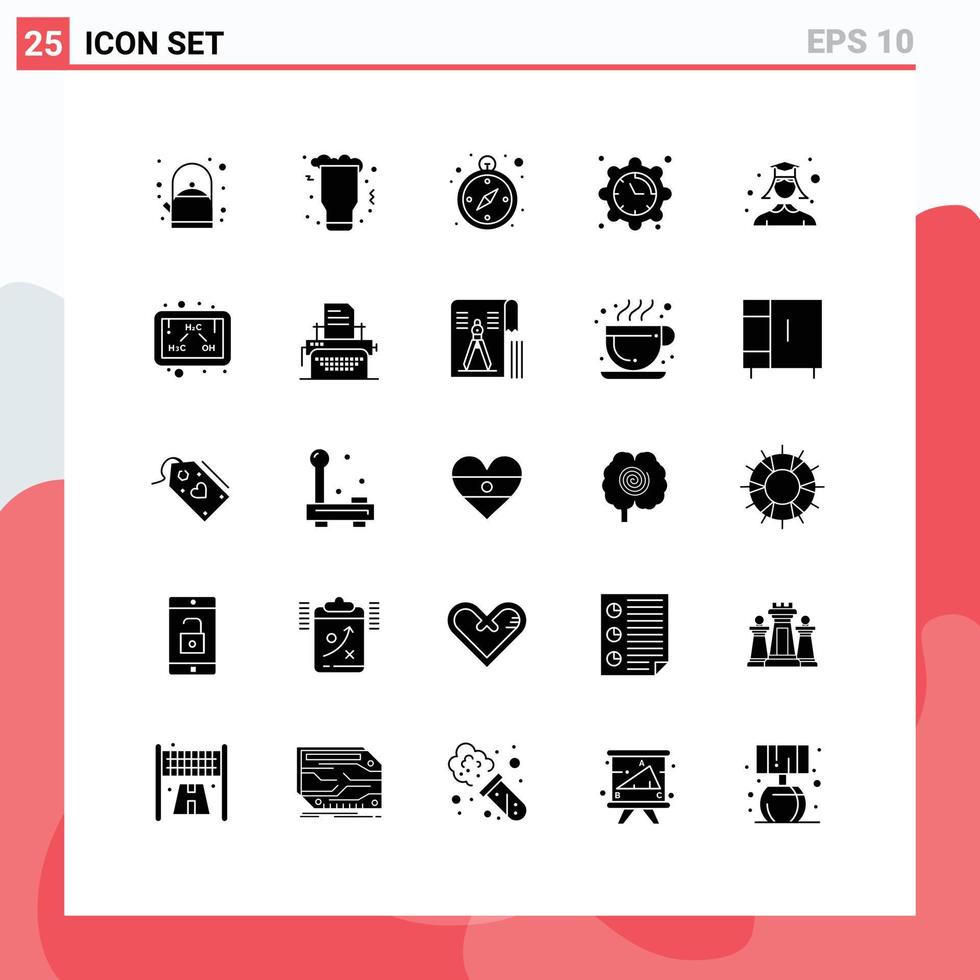pictogramme ensemble de 25 Facile solide glyphes de étudiant femelle boussole temps l'horloge modifiable vecteur conception éléments