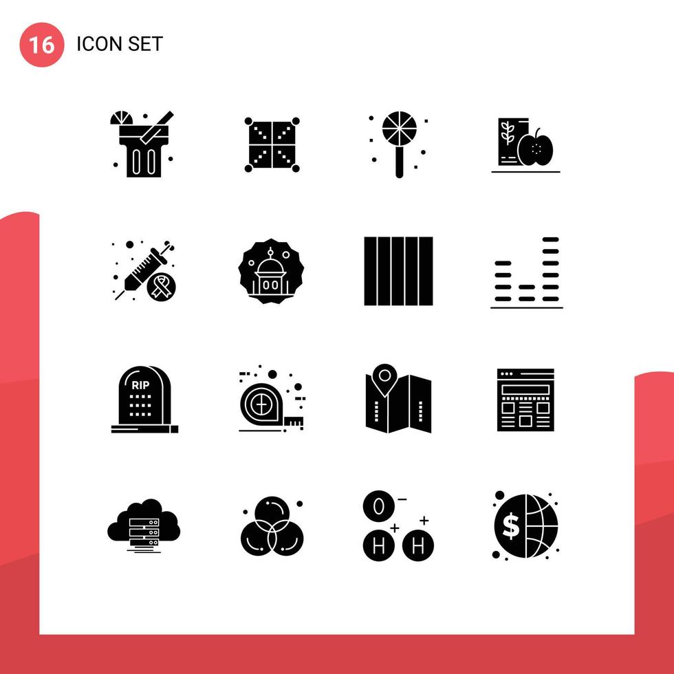 groupe de 16 solide glyphes panneaux et symboles pour journée en bonne santé bonbons des fruits régime modifiable vecteur conception éléments