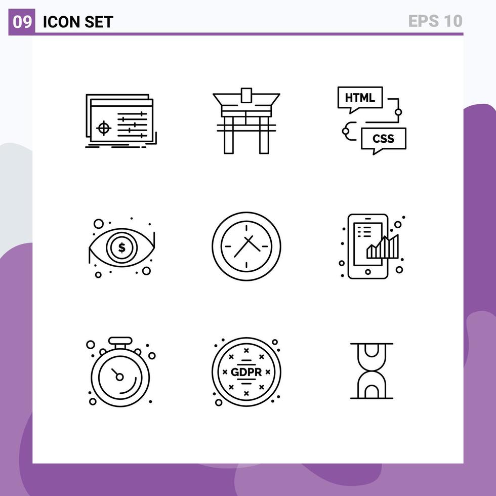 9 utilisateur interface contour pack de moderne panneaux et symboles de vue œil chinois dollar organigramme modifiable vecteur conception éléments